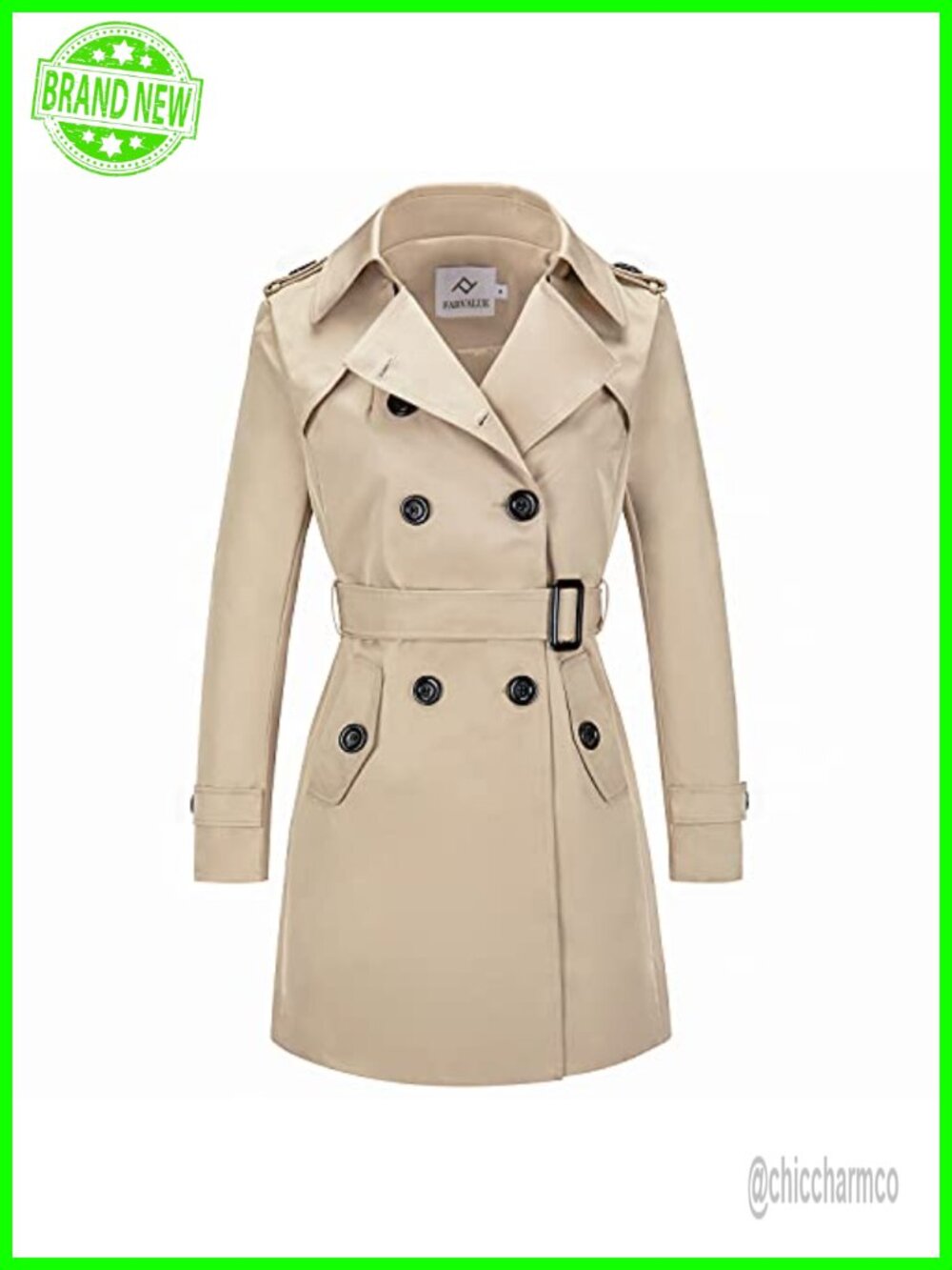 FARVALUE Women's Double Breasted Trench Coat Water Resistant Belted Overcoat